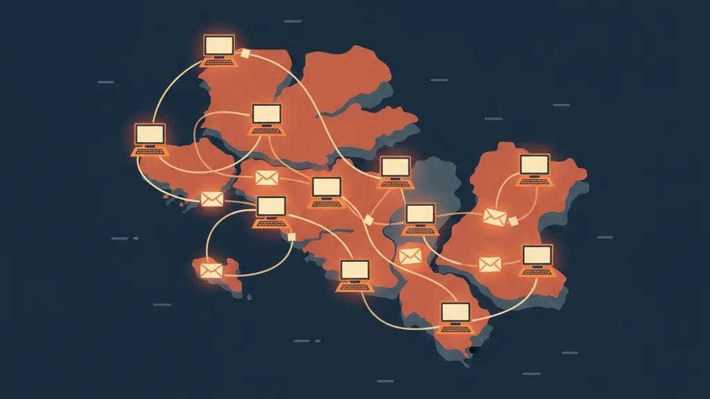 A night map of home computers linked by phone lines passing envelopes