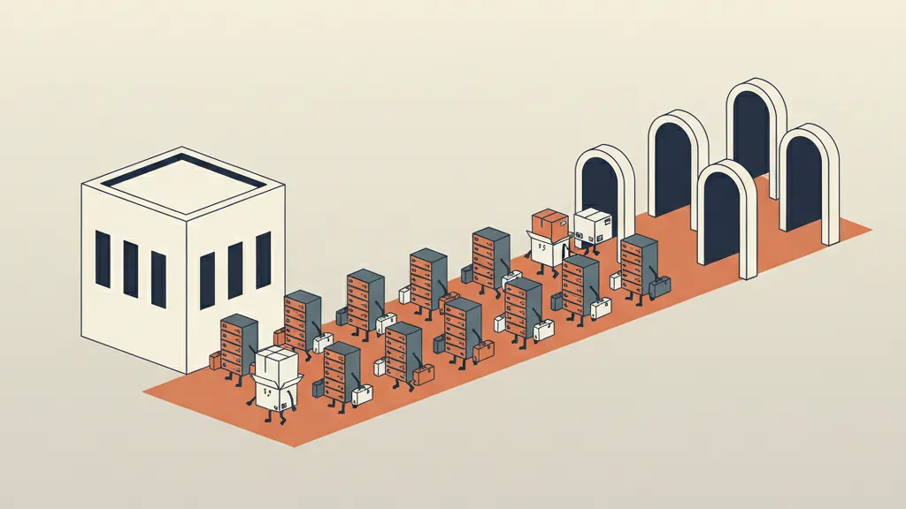 Server figures walking away from one building toward several alternative doorways