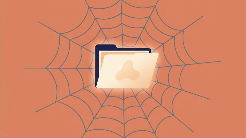 A glowing document folder set as bait inside a spider web