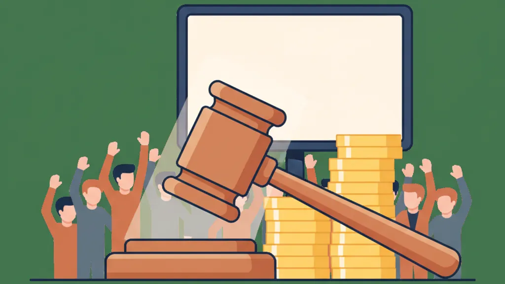 An auctioneer gavel over stacks of gold coins and a glowing sign