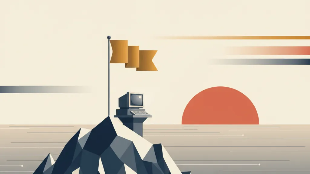 A single golden flag planted on an empty digital frontier at sunrise