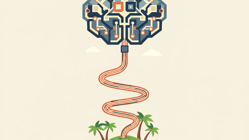 An island linked by a glowing cable to a digital brain in the sky