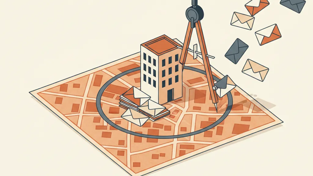 A compass drawing a circle on a map around one building
