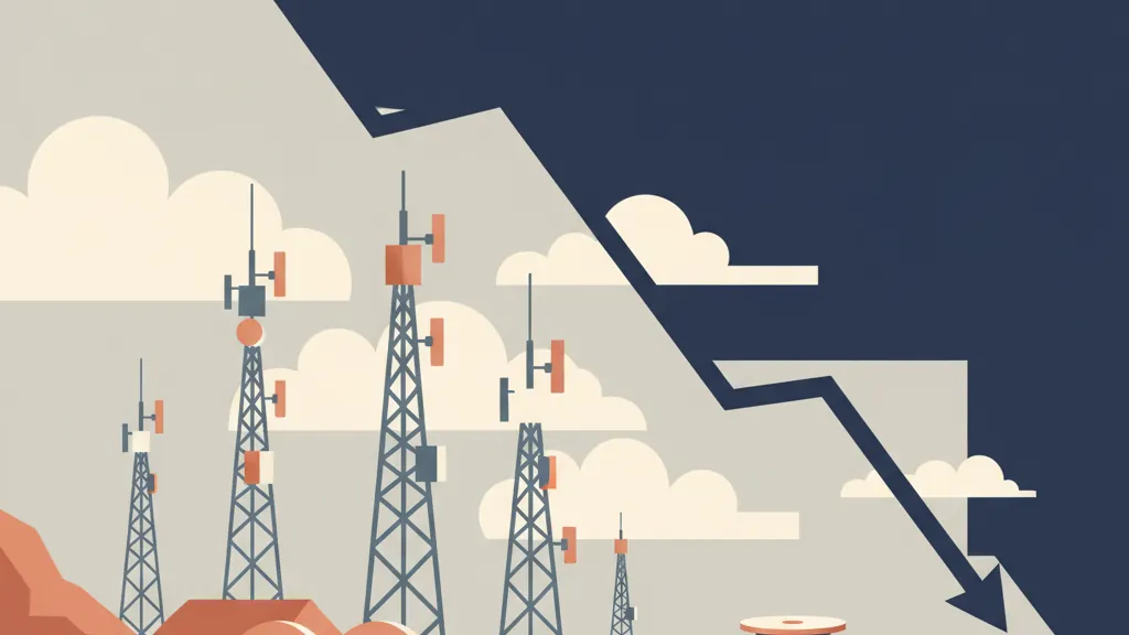 A stock graph plunging over telecom towers and cable spools