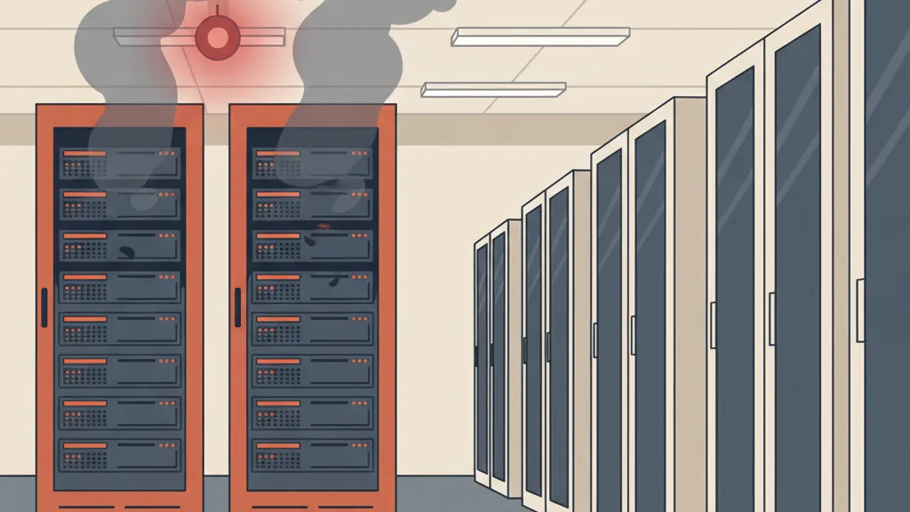 Rows of server racks with one section scorched black