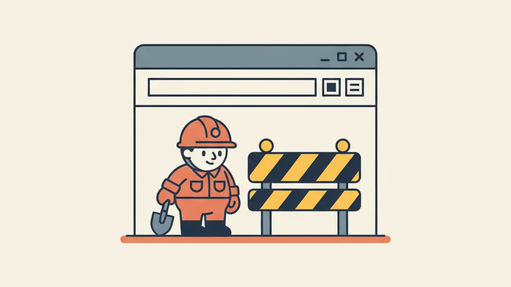 A tiny cartoon construction worker beside a striped barrier on a web page