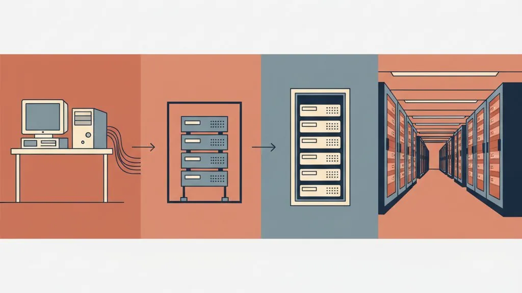 Timeline of web hosting from a desktop tower to a data center