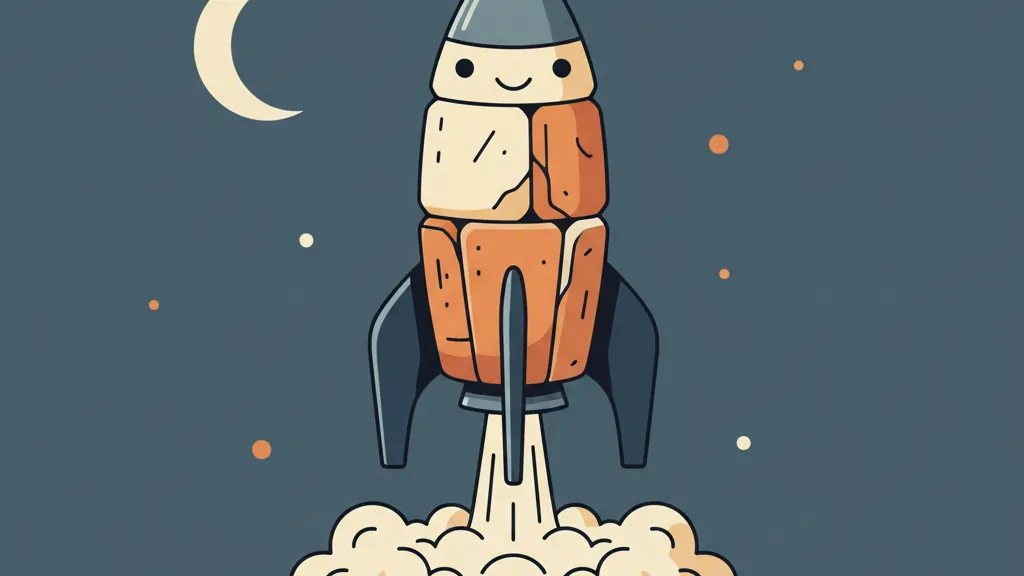 A small rocket built of stacked stone blocks lifting off