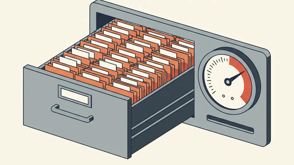 A filing drawer crammed with tiny files and a gauge in the red