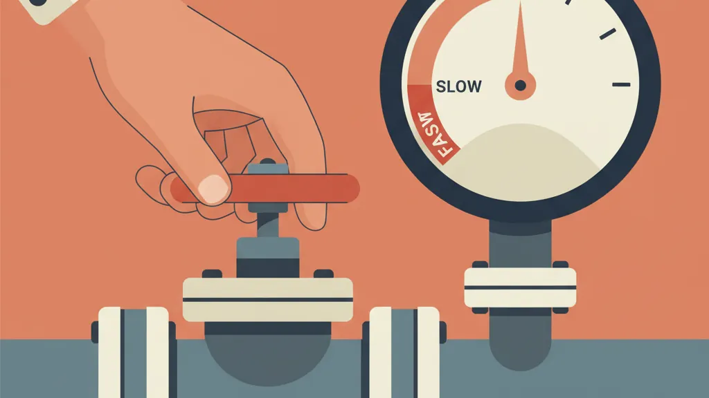 A valve being turned down beside a speed gauge dropping into the red