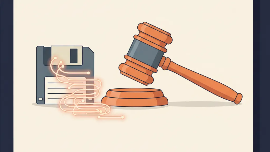 A judge gavel beside an old floppy disk and a tangle of code