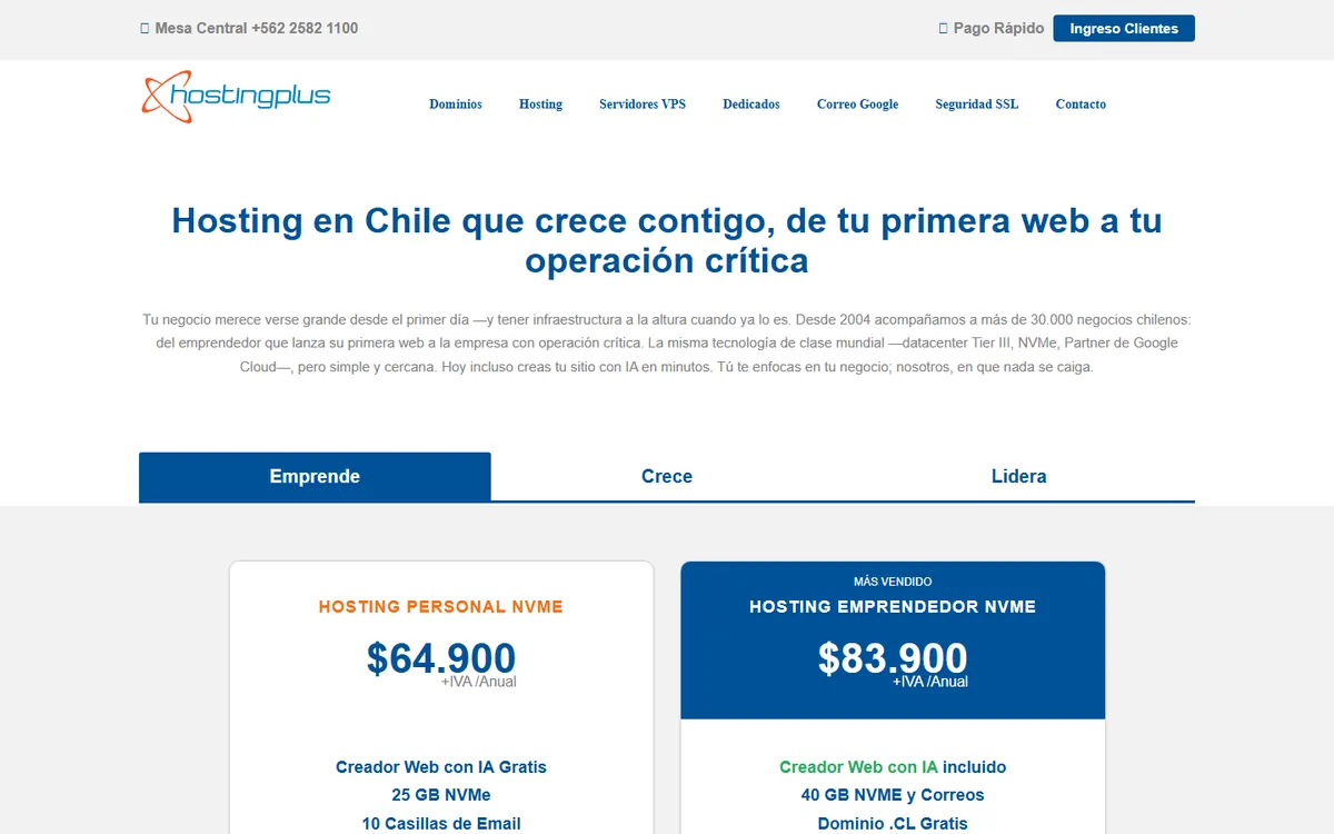 Homepage screenshot of Hosting Plus.cl