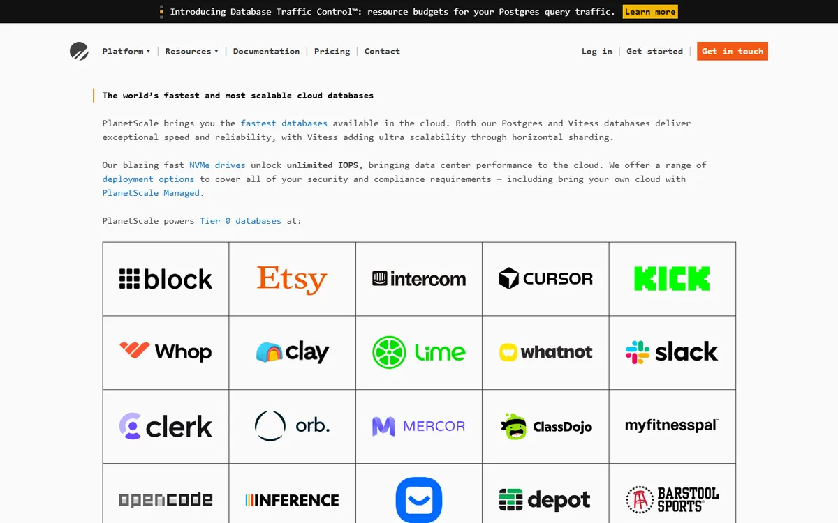Homepage screenshot of PlanetScale