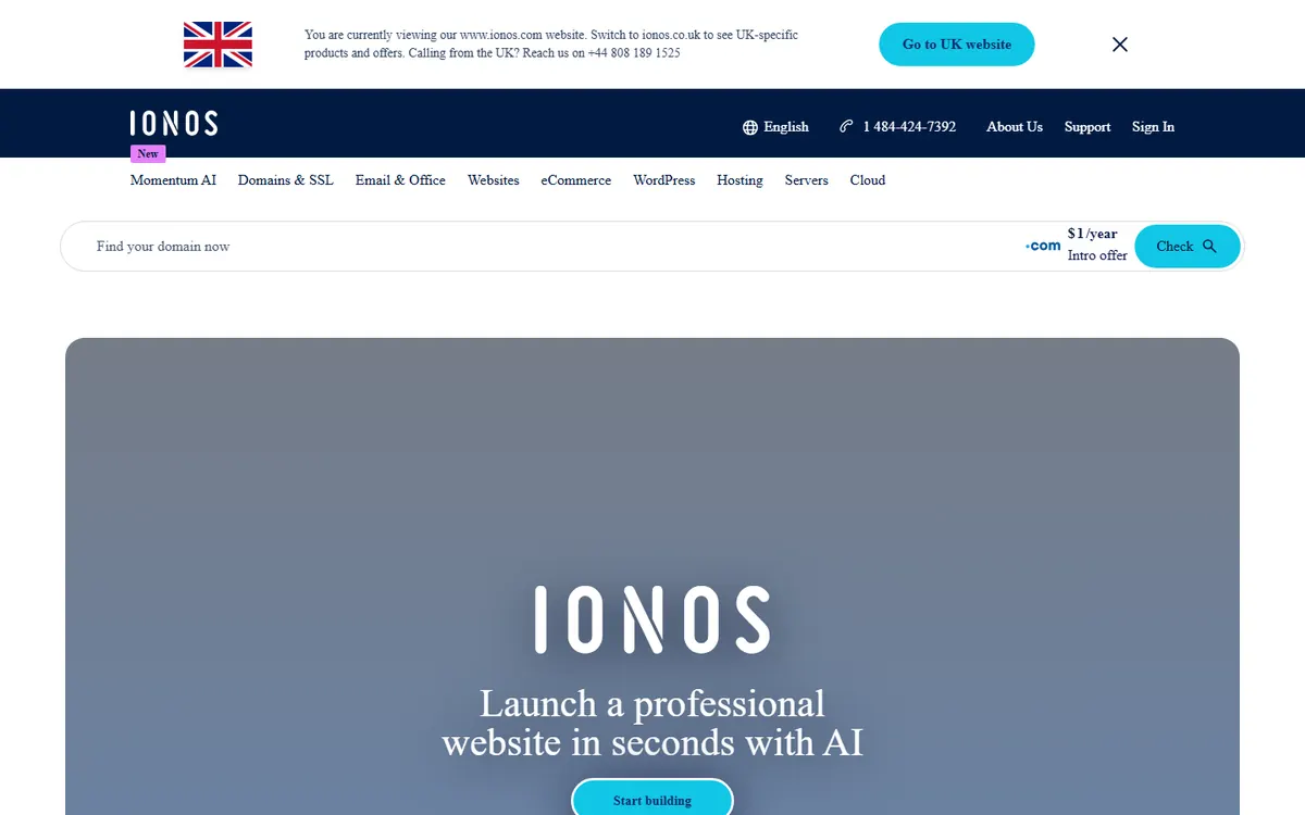 Homepage screenshot of IONOS